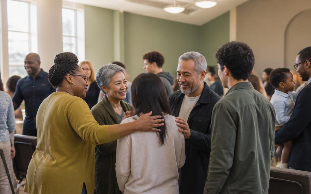 Membros de uma igreja conversando e acolhendo uns aos outros